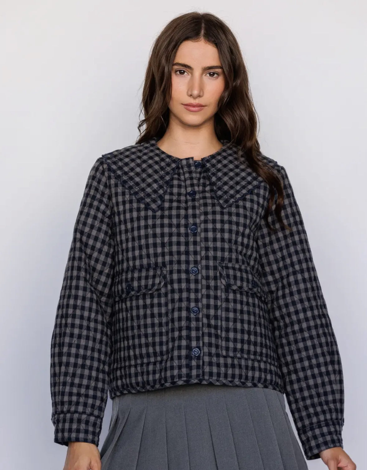 Cotton Quilted Gingham Jacket- Navy/Grey – OLIVE + FINN