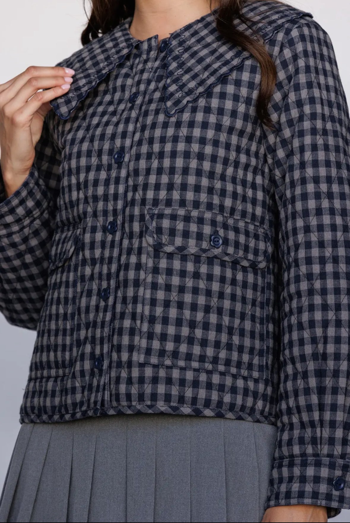 Cotton Quilted Gingham Jacket- Navy/Grey – OLIVE + FINN