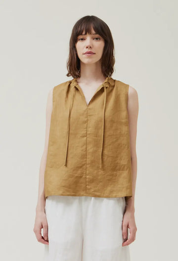 Linen Tie Front Tank- Honey Brown