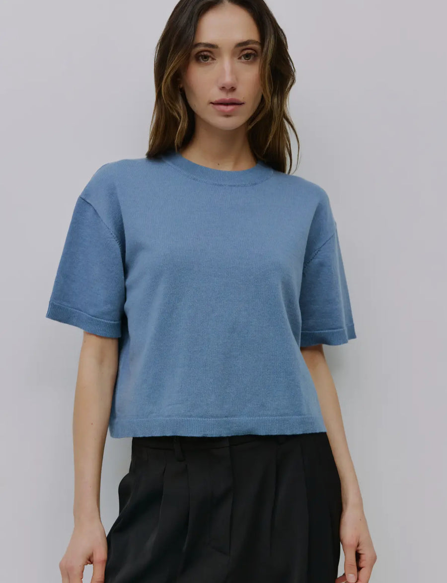 Blue Sweater Knit S/S Top