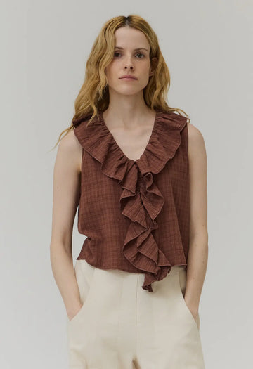 Ruffle Front Top- Brick