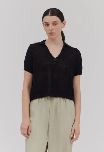 Cotton S/S Collar Top- Black