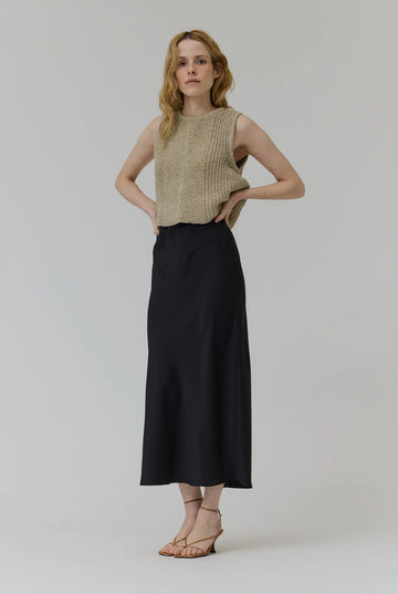 Flared Satin Skirt- Black