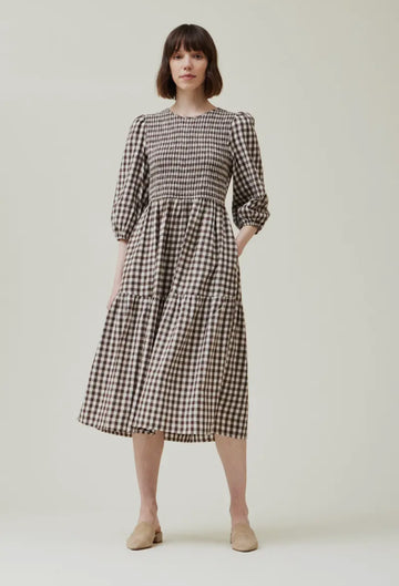 Smocked Gingham Dress- Crème