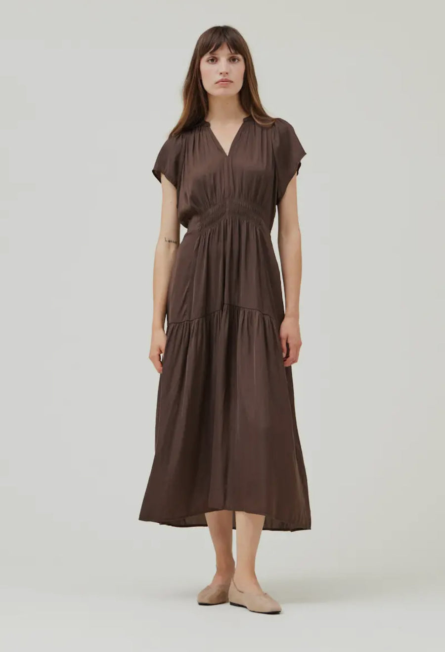 Ruffle Satin Midi Dress- Dark Roast