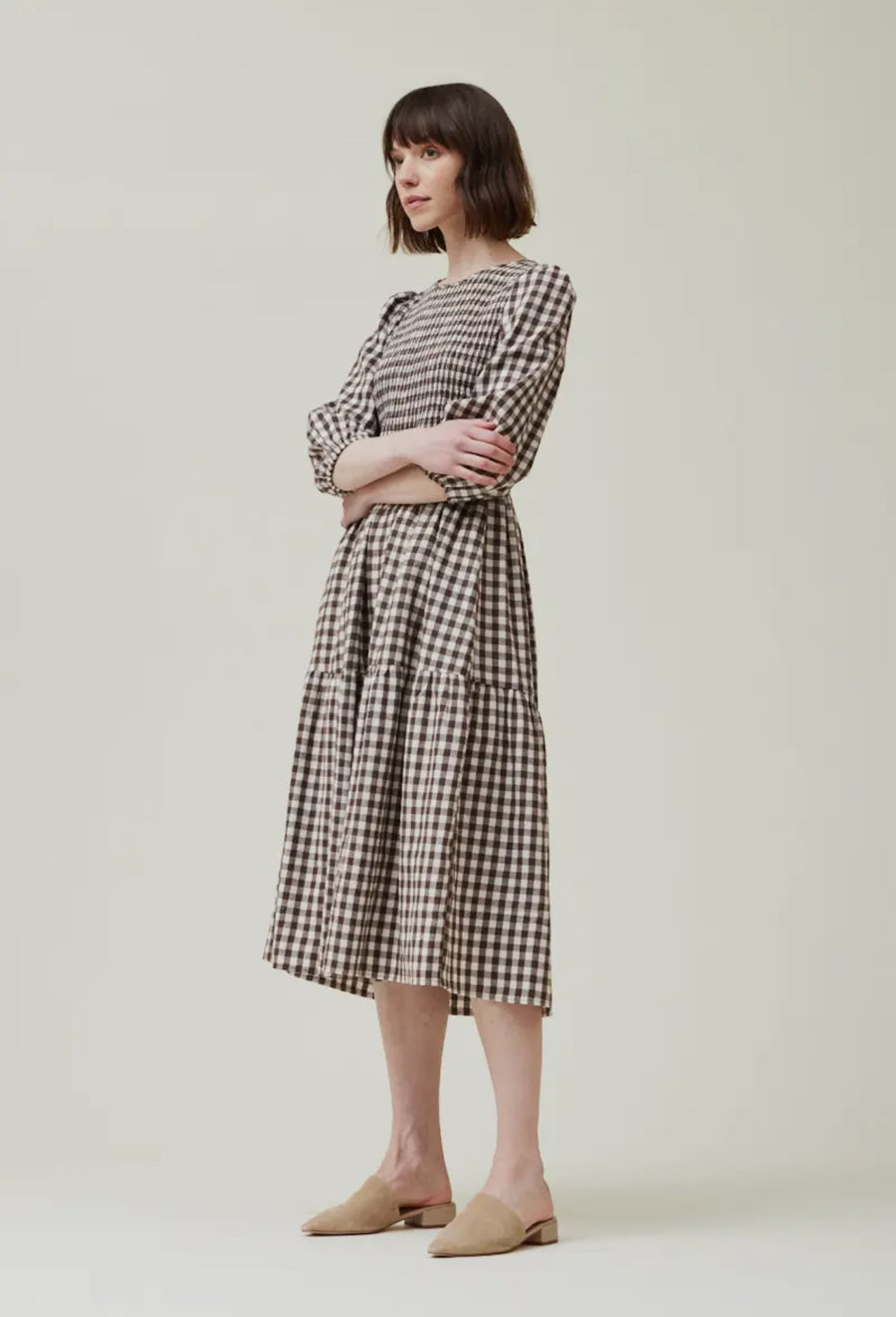 Smocked Gingham Dress- Crème