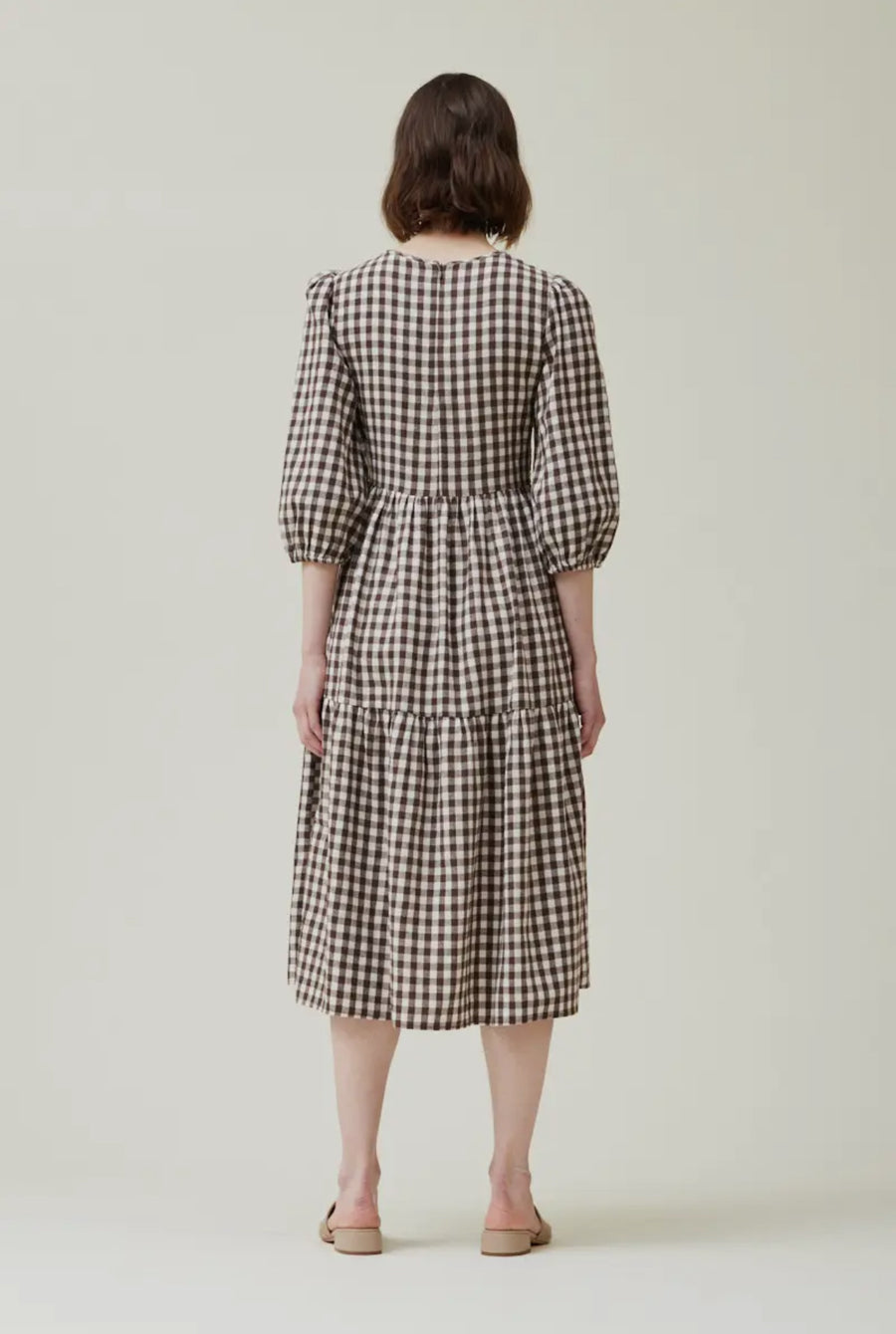 Smocked Gingham Dress- Crème