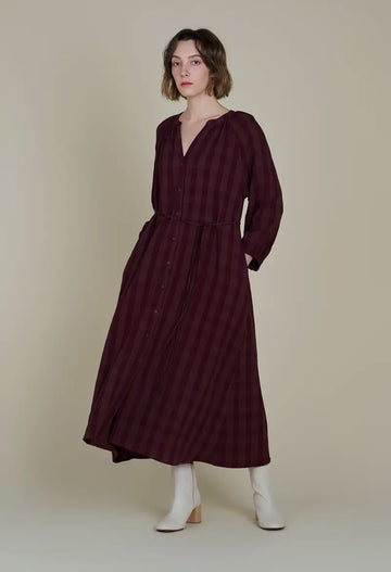 Belted Gingham Dress- Plum Wine