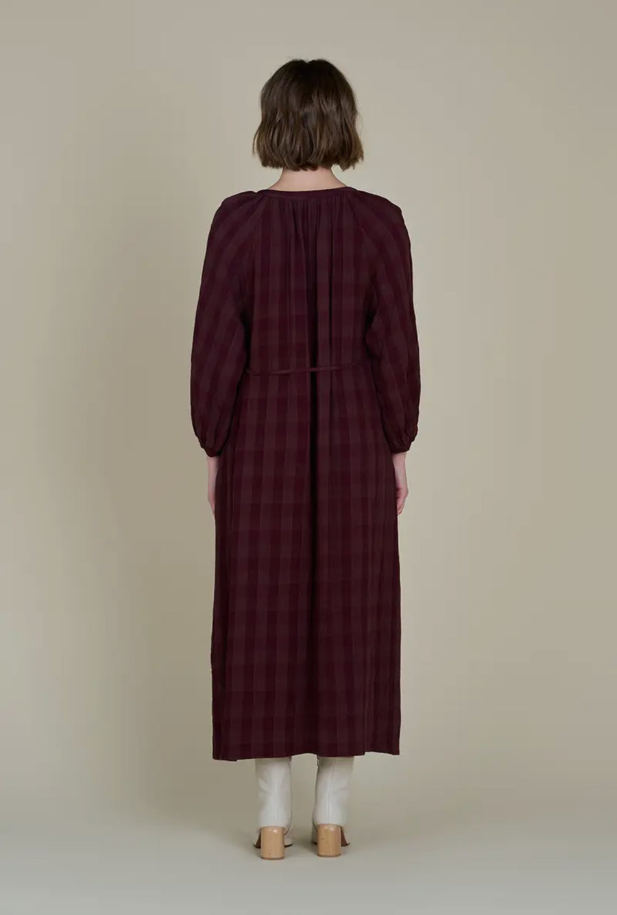 Belted Gingham Dress- Plum Wine