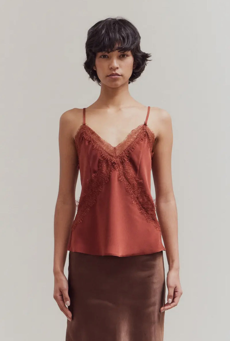 Lace Satin Tank- Brick