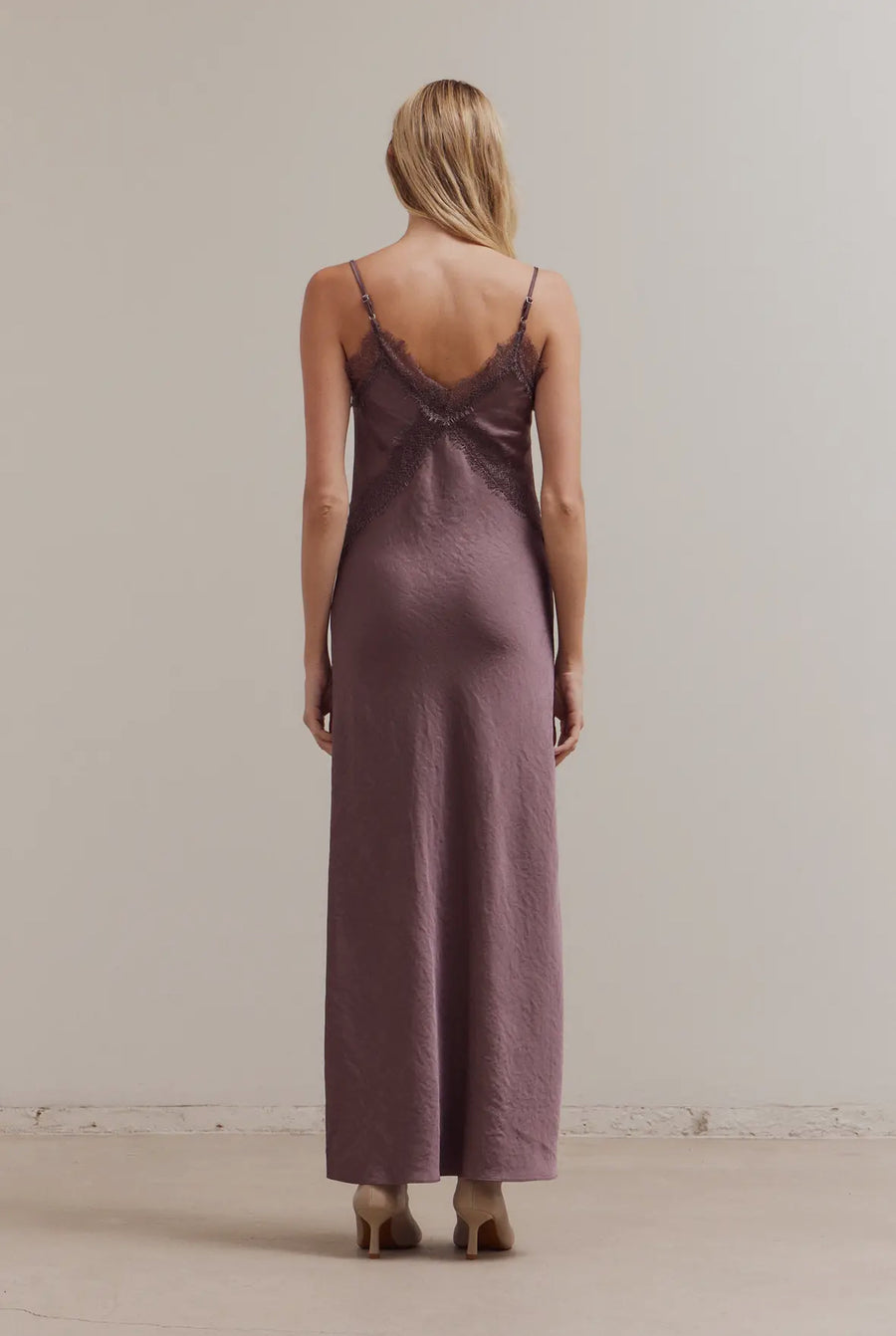 Lace Satin Dress- Aubergine
