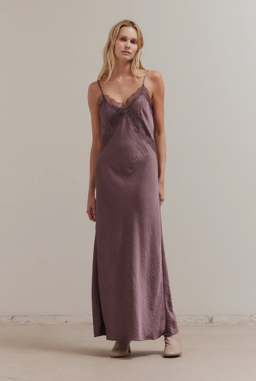 Lace Satin Dress- Aubergine