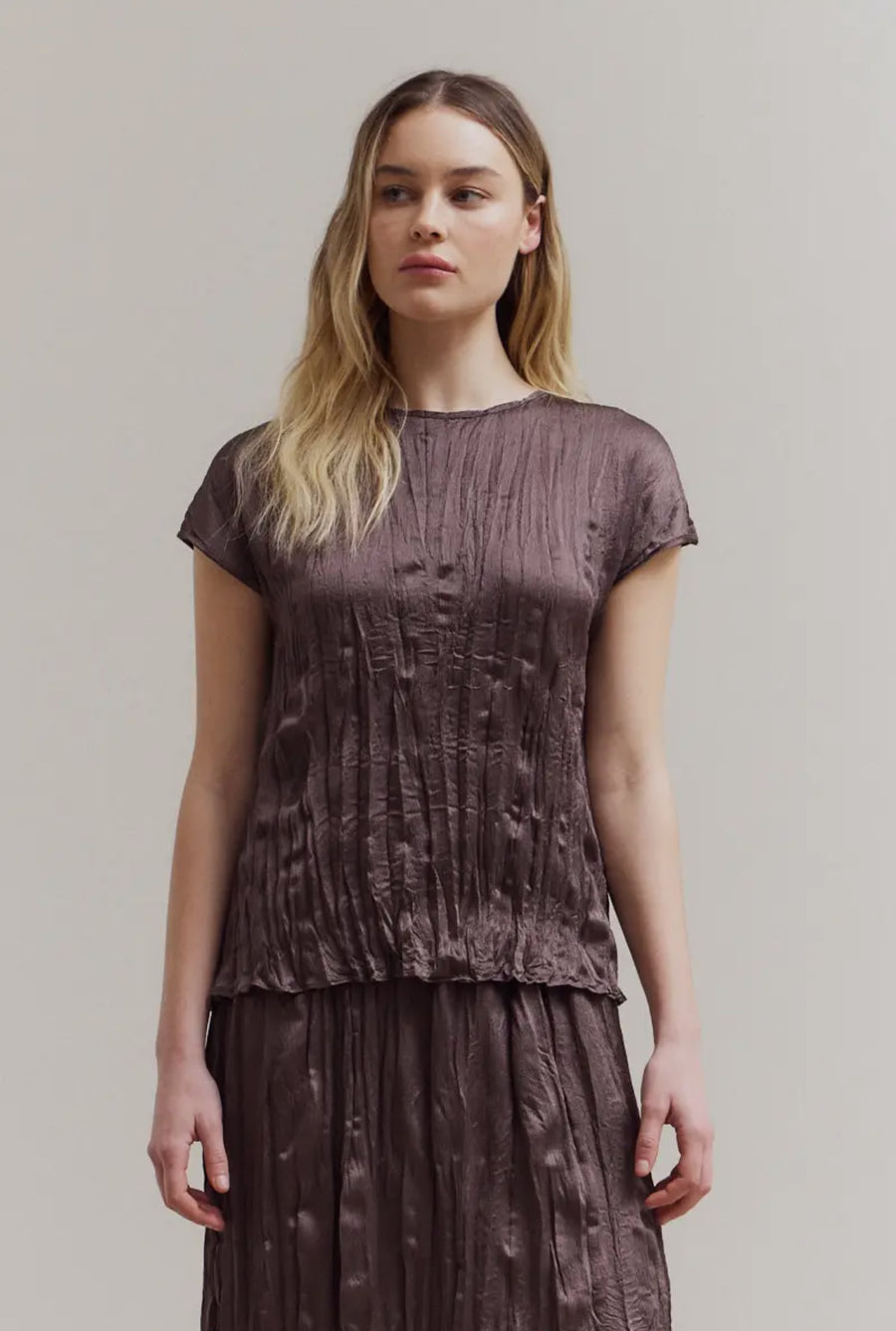 Pleated Wrinkle Satin Top- Aubergine