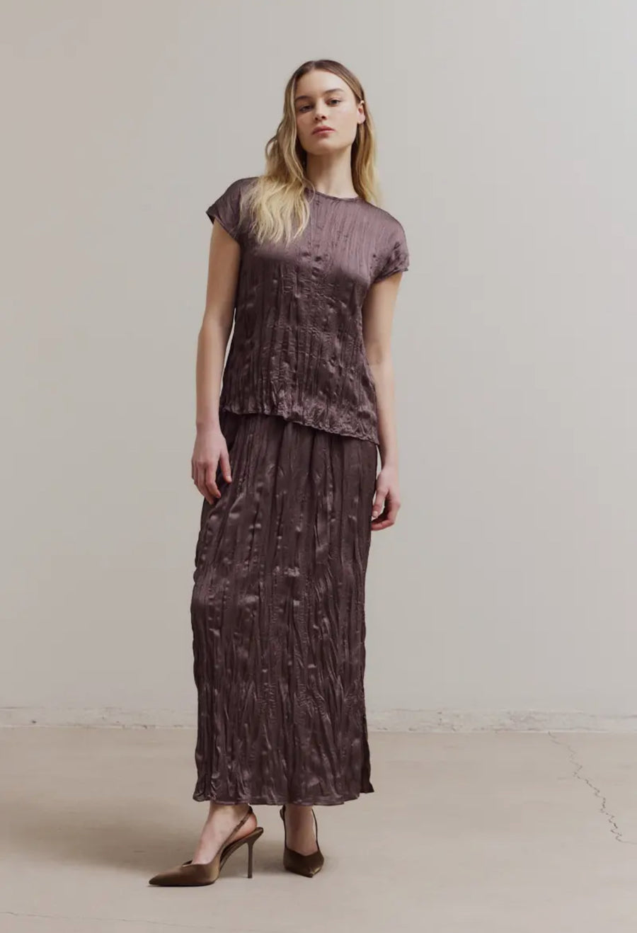 Pleated Wrinkle Satin Top- Aubergine