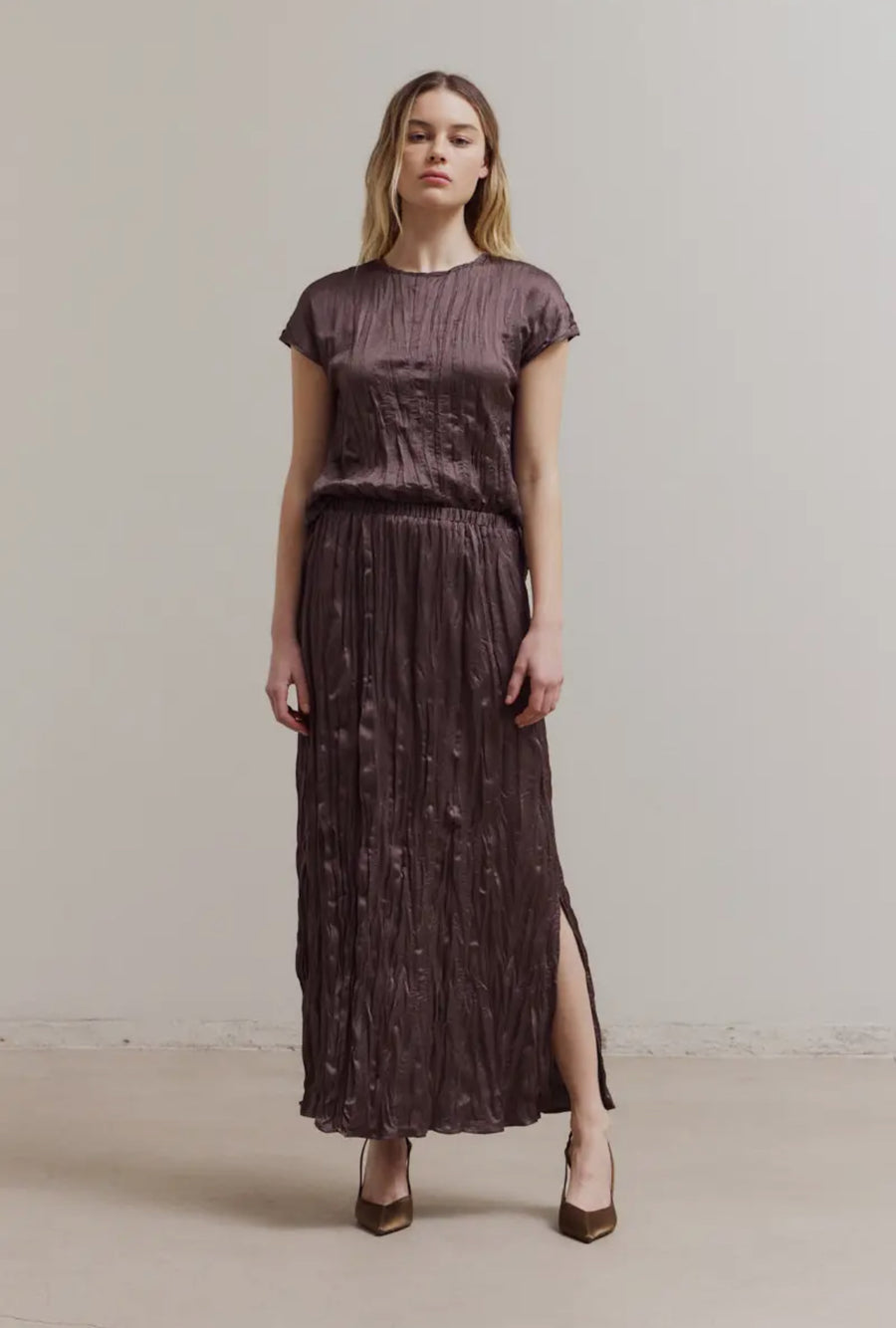 Pleated Wrinkle Satin Top- Aubergine
