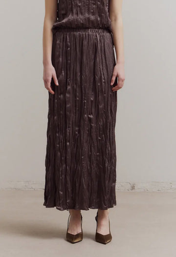 Pleated Wrinkle Satin Skirt- Aubergine