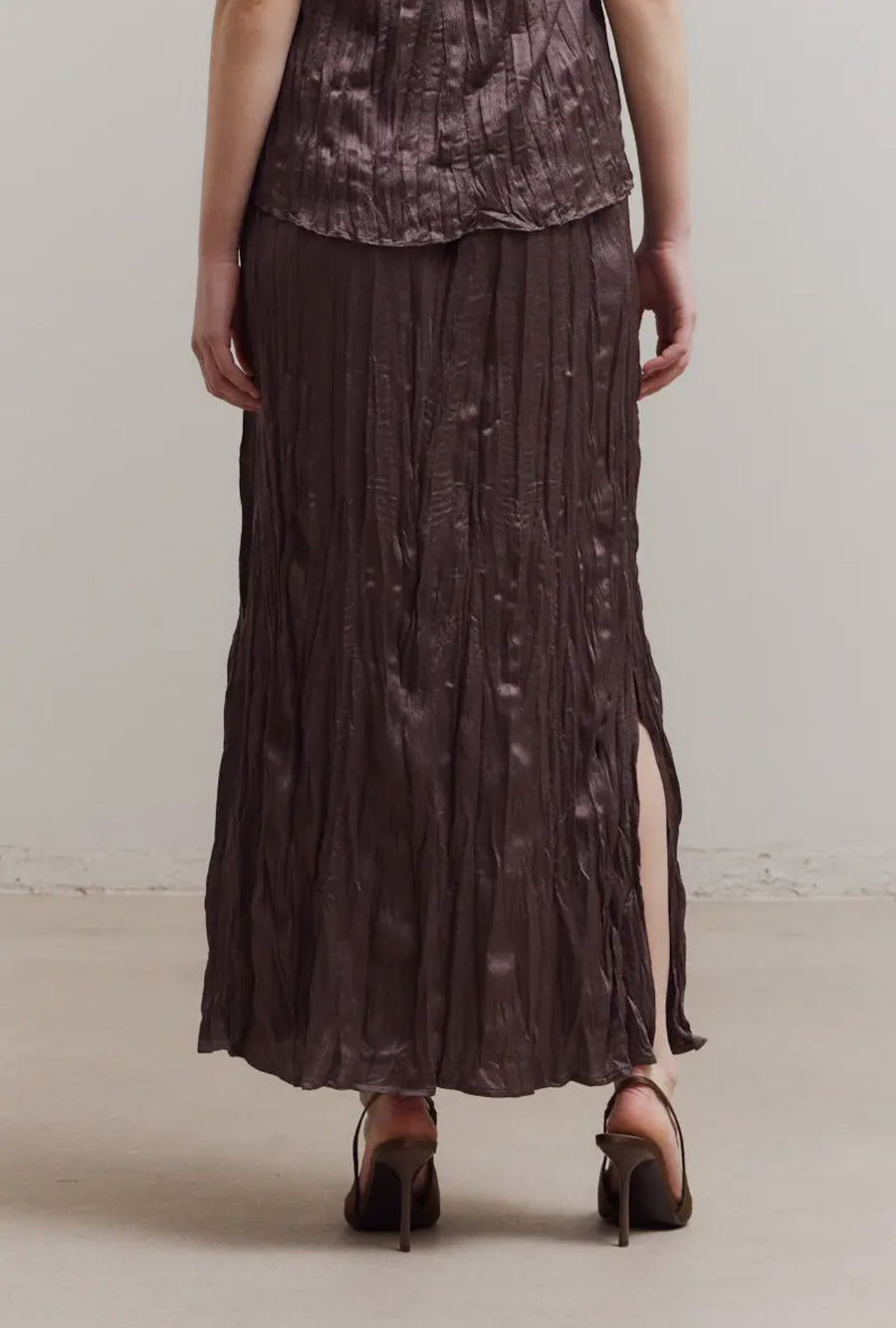Pleated Wrinkle Satin Skirt- Aubergine