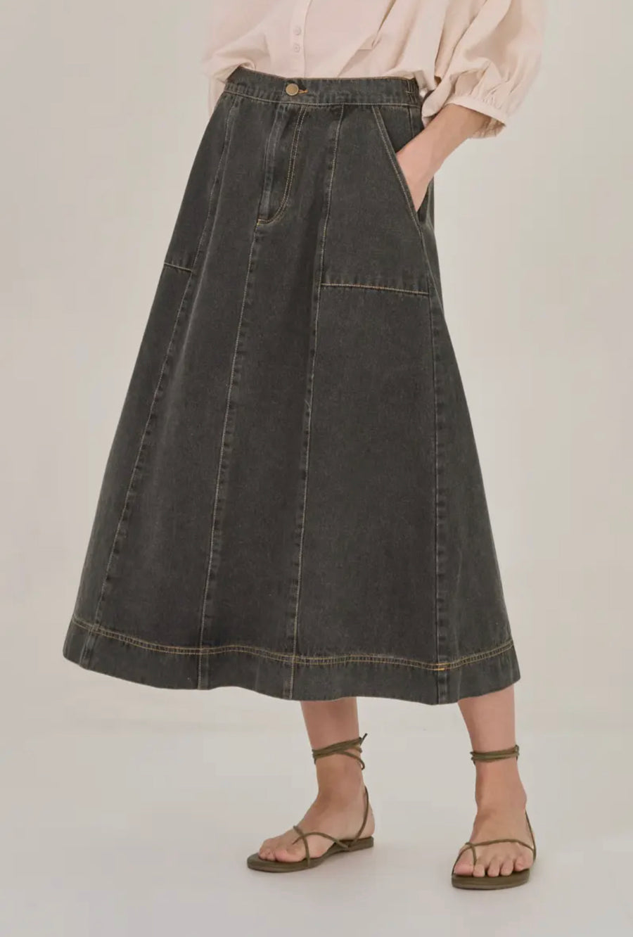 Flared Denim Skirt- Faded Black