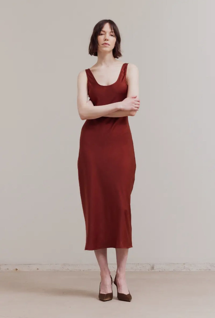 Satin Tank Dress- Brick