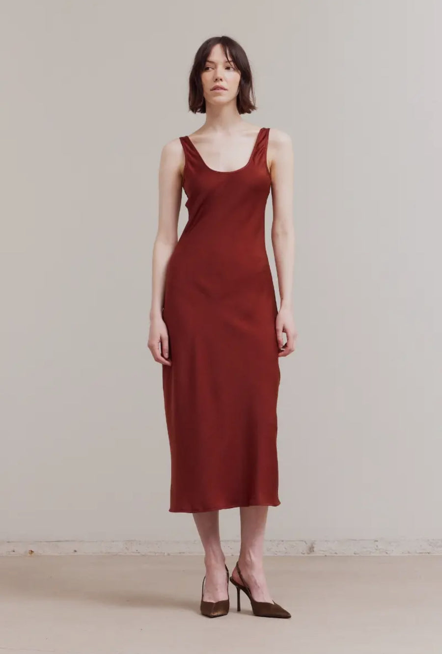 Satin Tank Dress- Brick