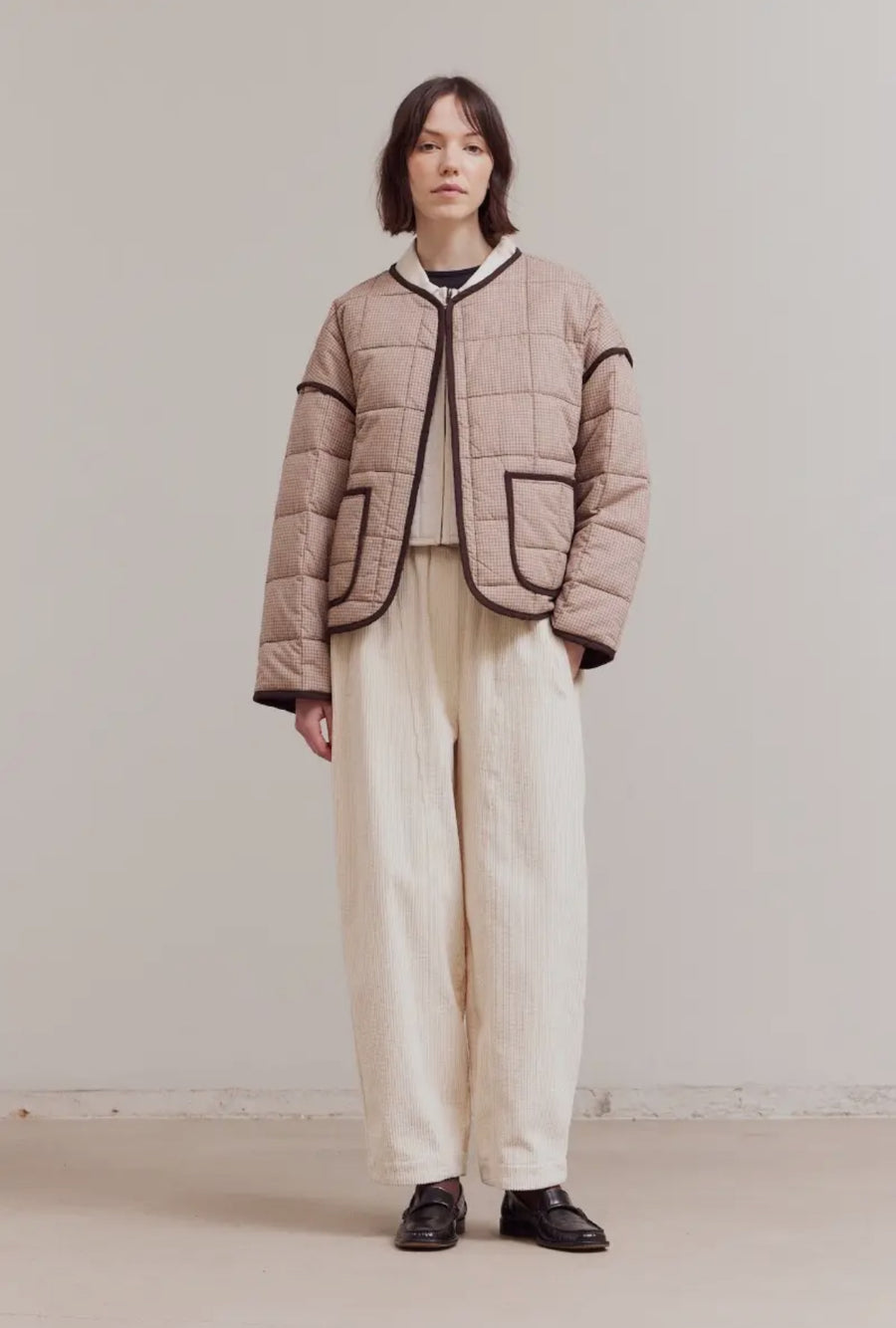 Checkered Quilted Jacket- Brown