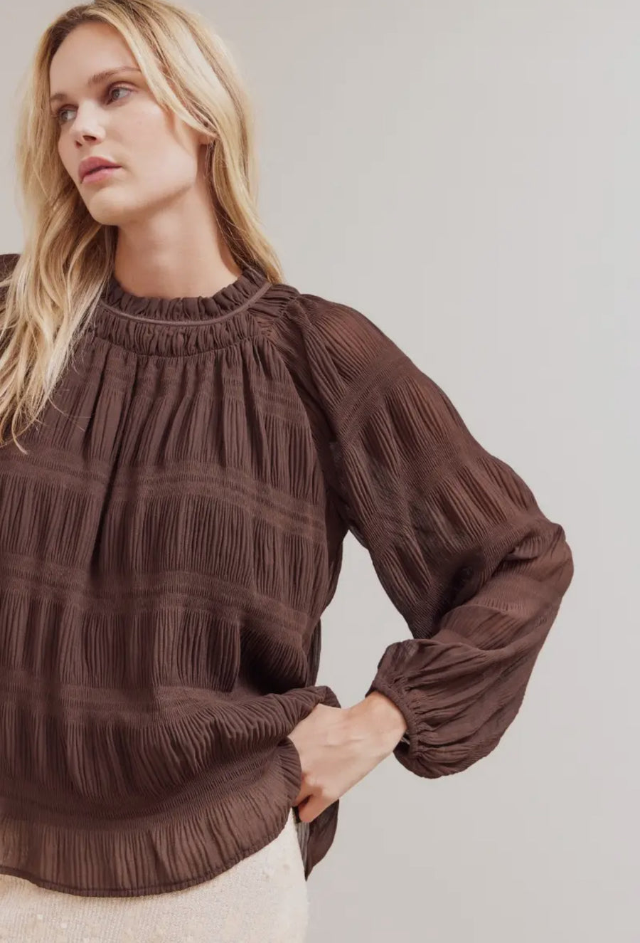 Pleated Chiffon Top- Chocolate Brown