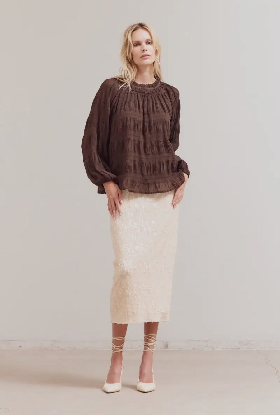 Pleated Chiffon Top- Chocolate Brown