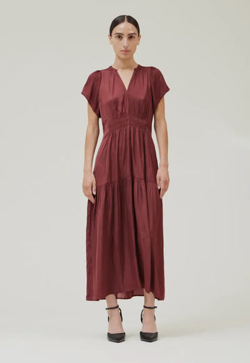 Ruffle Satin Midi Dress- Vino