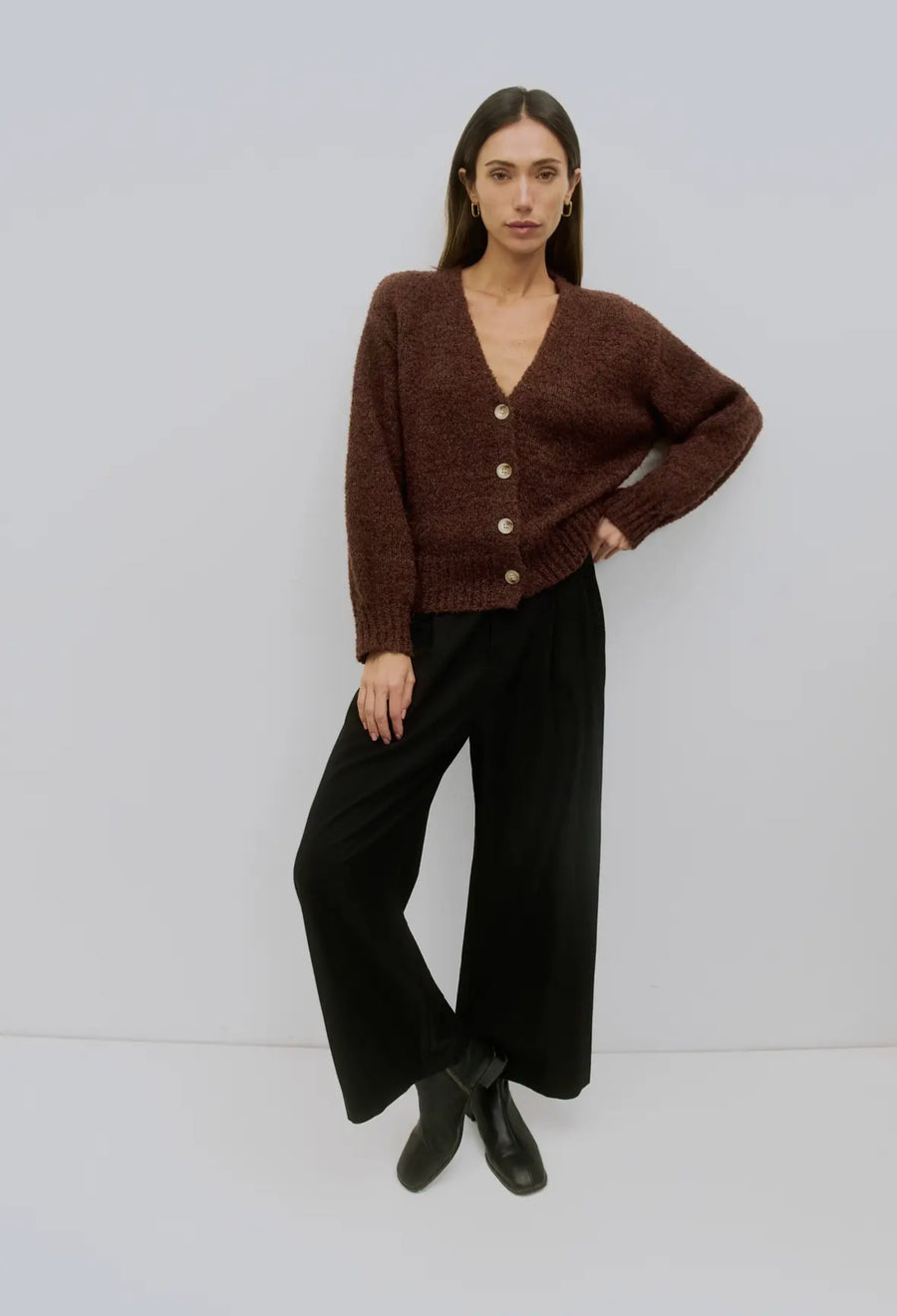 Boucle V-neck Cardigan- Brown