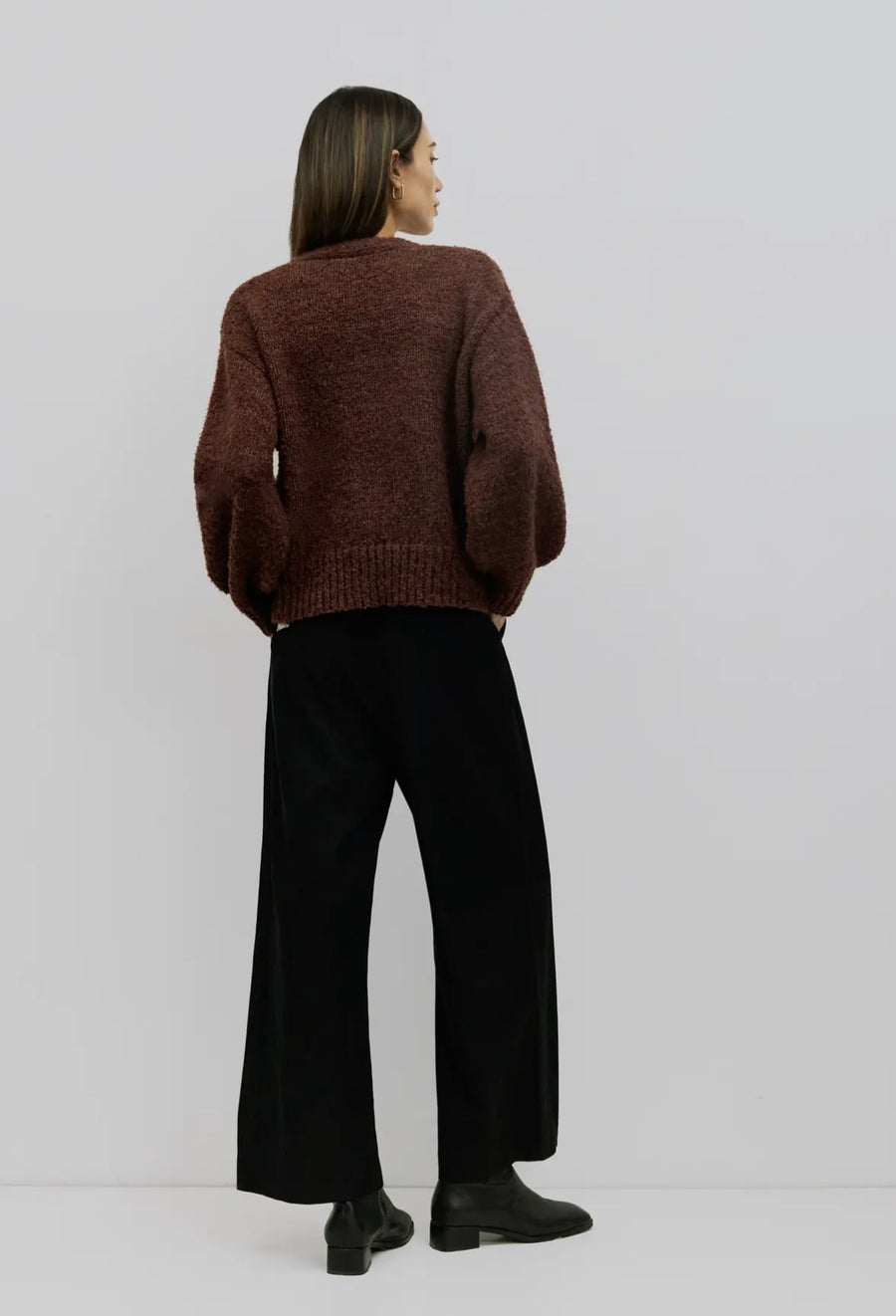 Boucle V-neck Cardigan- Brown