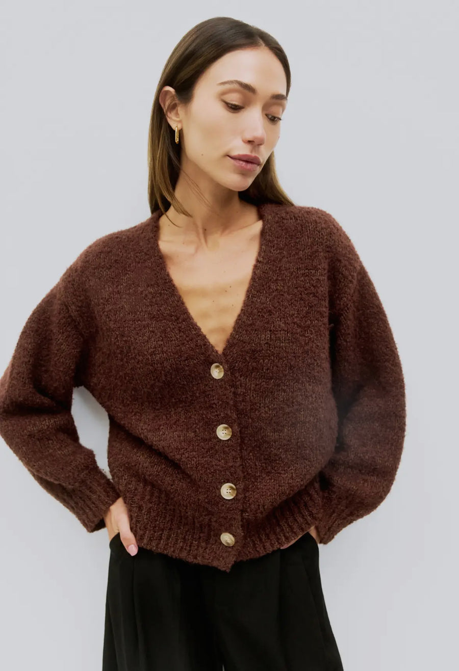Boucle V-neck Cardigan- Brown