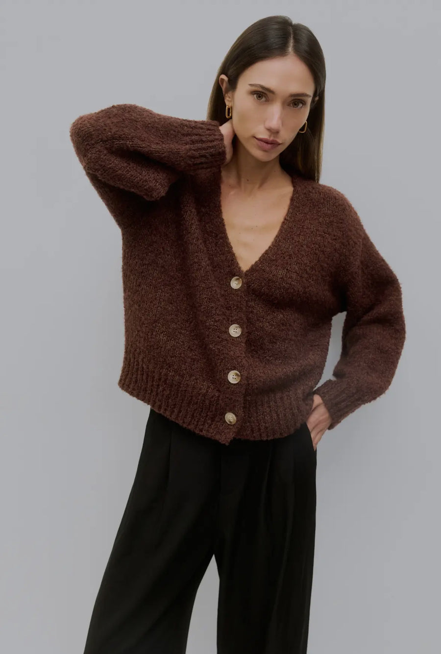Boucle V-neck Cardigan- Brown