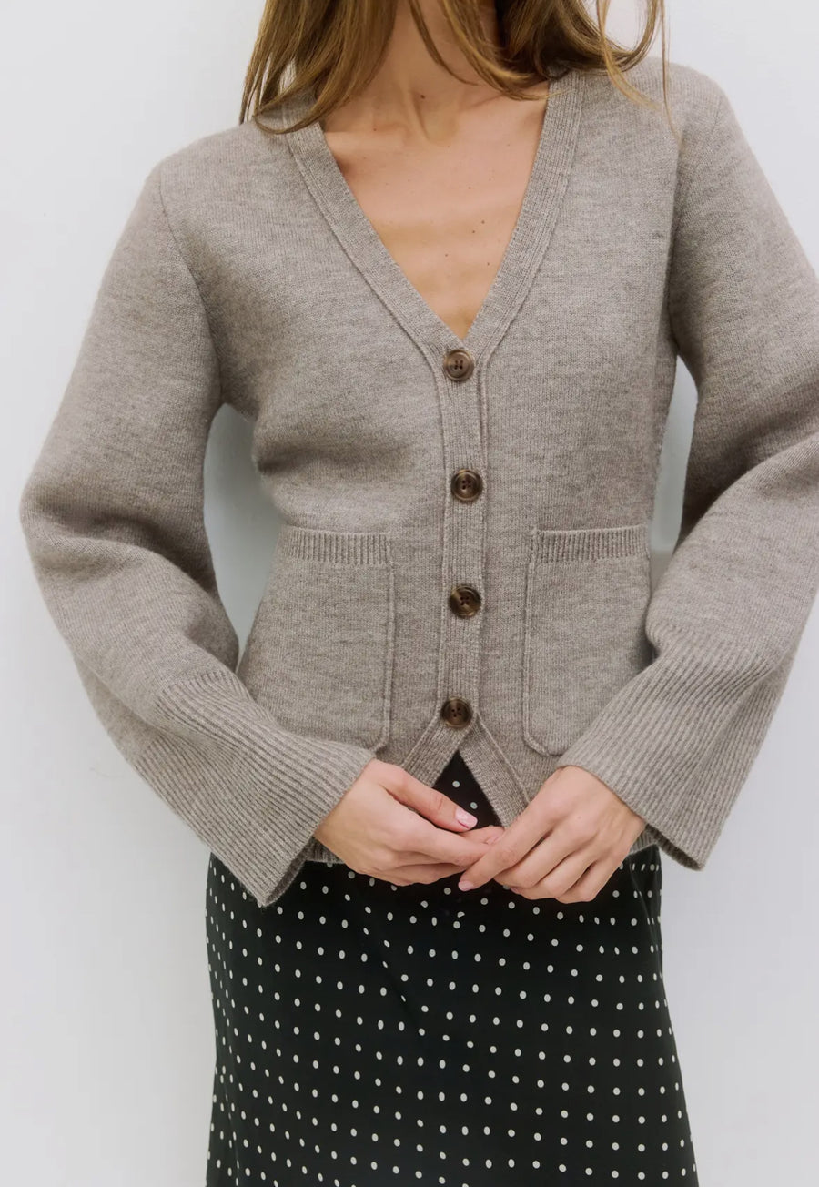 Pocket V-neck Cardigan- Heather Grey