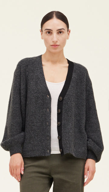 Accent Placket V-neck Cardigan- Coal