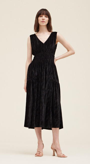 Smocked Waist Velvet Dress- Black