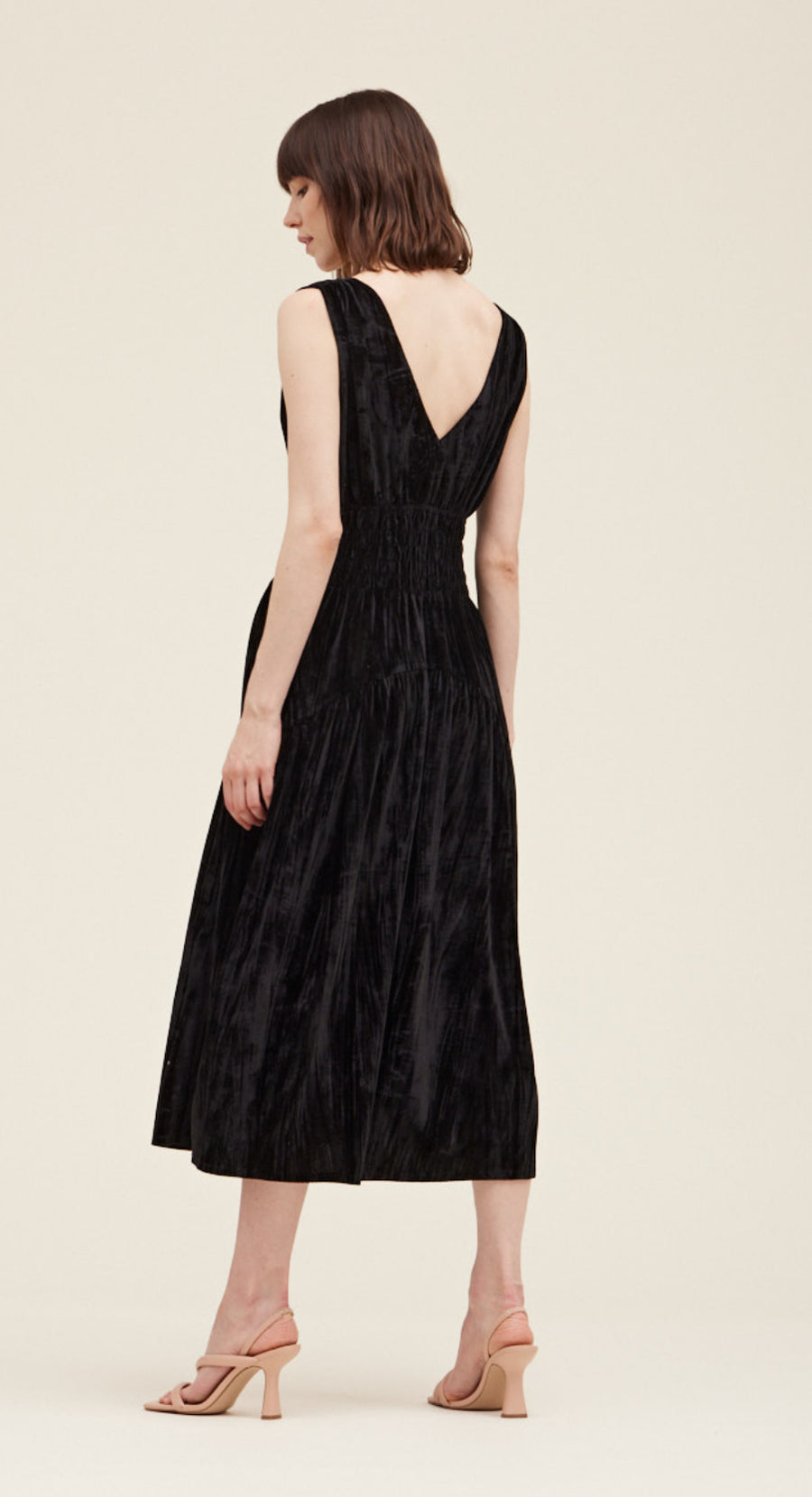 Smocked Waist Velvet Dress- Black