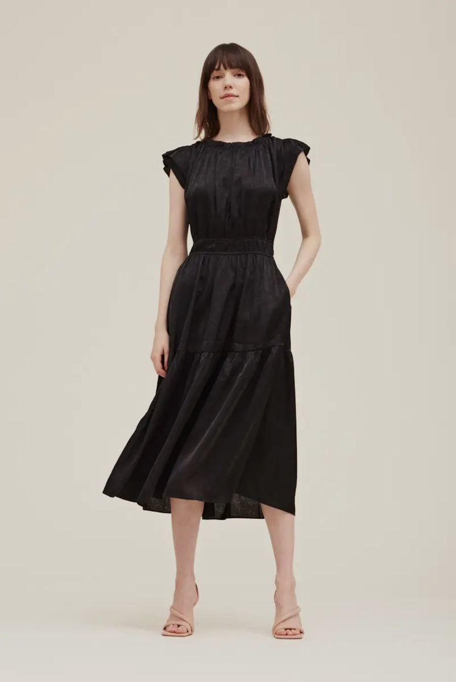 Ruffle Neck Satin Dress- Black