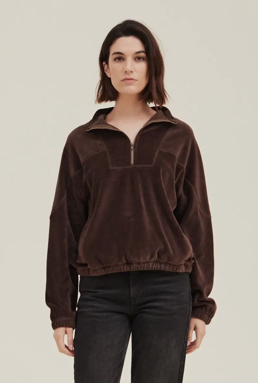 Velvet Half Zip Pullover- Cocoa