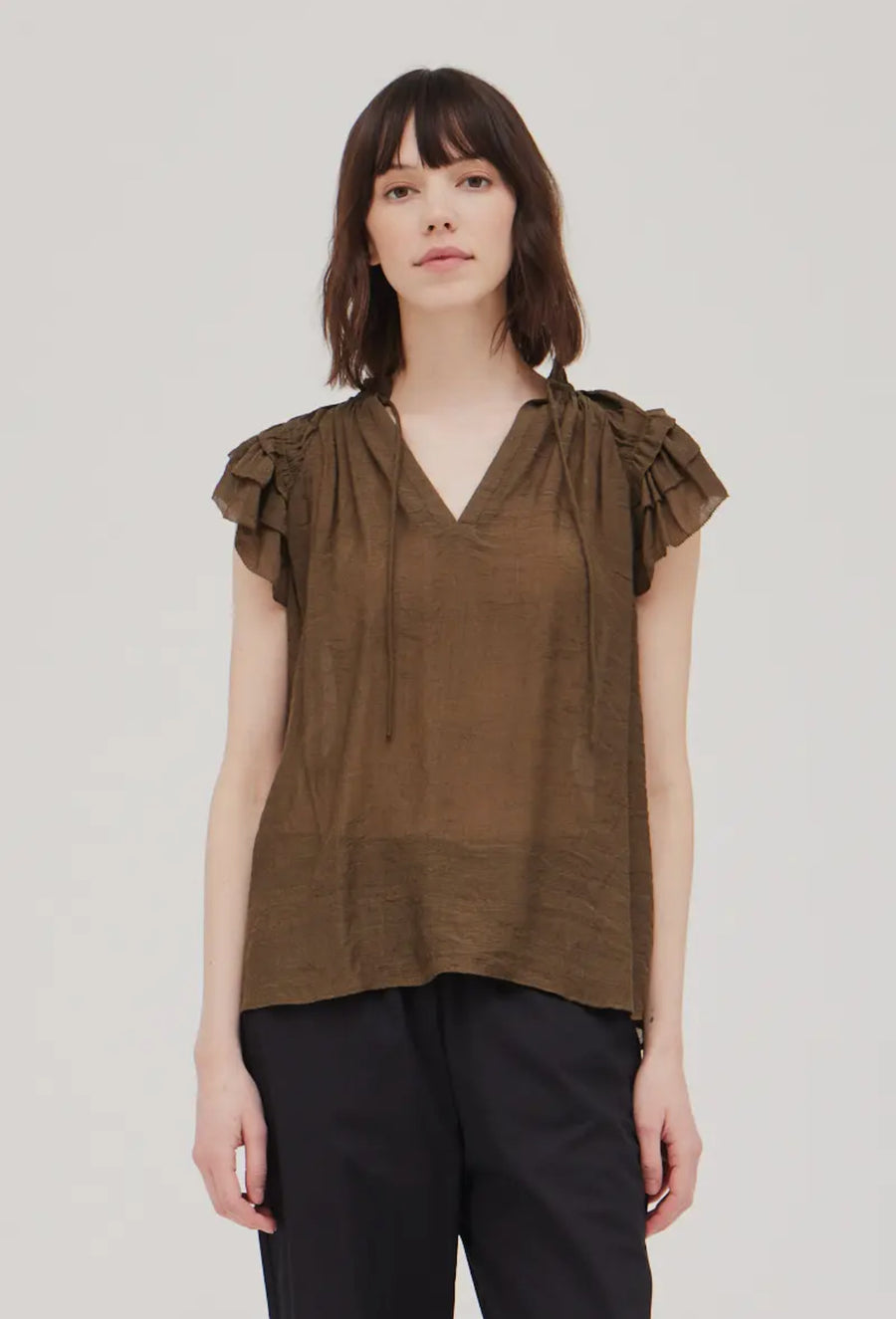 Ruffle Sleeve Top- Chestnut