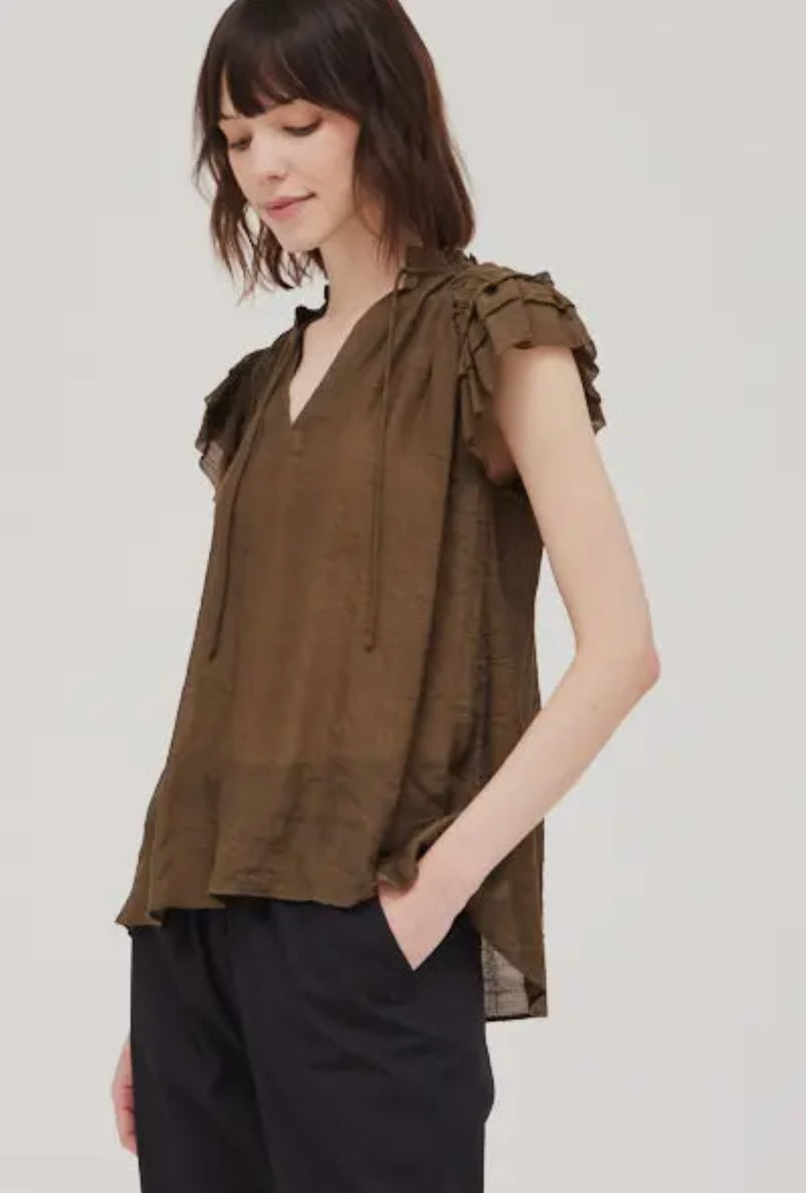 Ruffle Sleeve Top- Chestnut