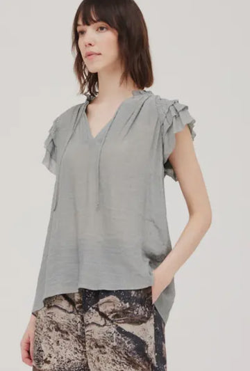 Ruffle Sleeve Top- Steel