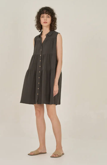 Sleeveless Button Front Dress- Faded Black