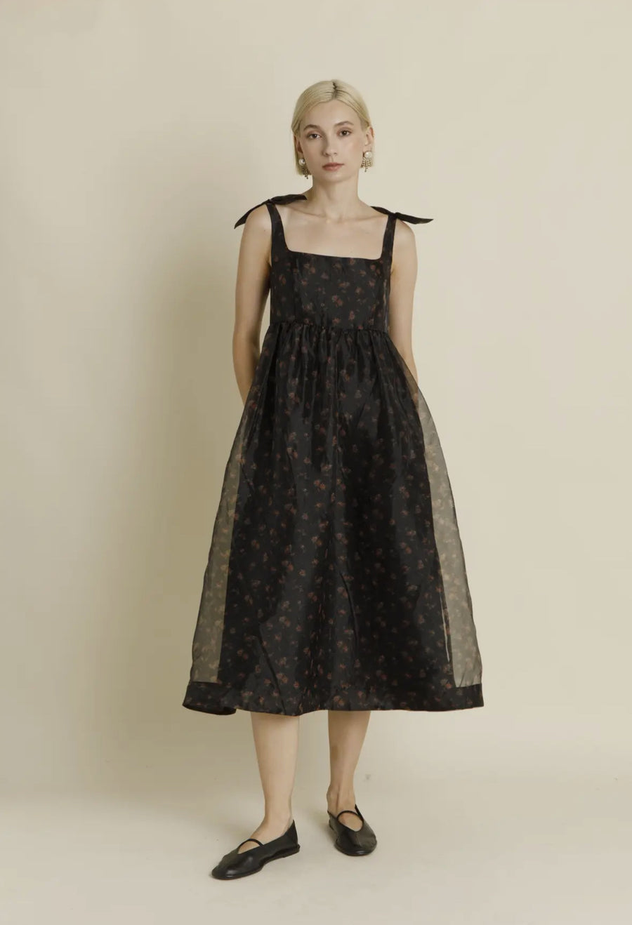 Tie Shoulder Organza Dress- Black