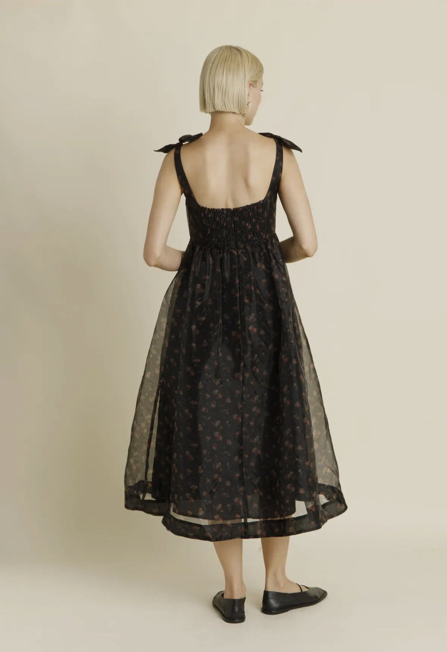 Tie Shoulder Organza Dress- Black