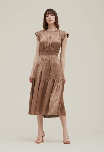 Ruffle Neck Satin Dress- Light Bronze