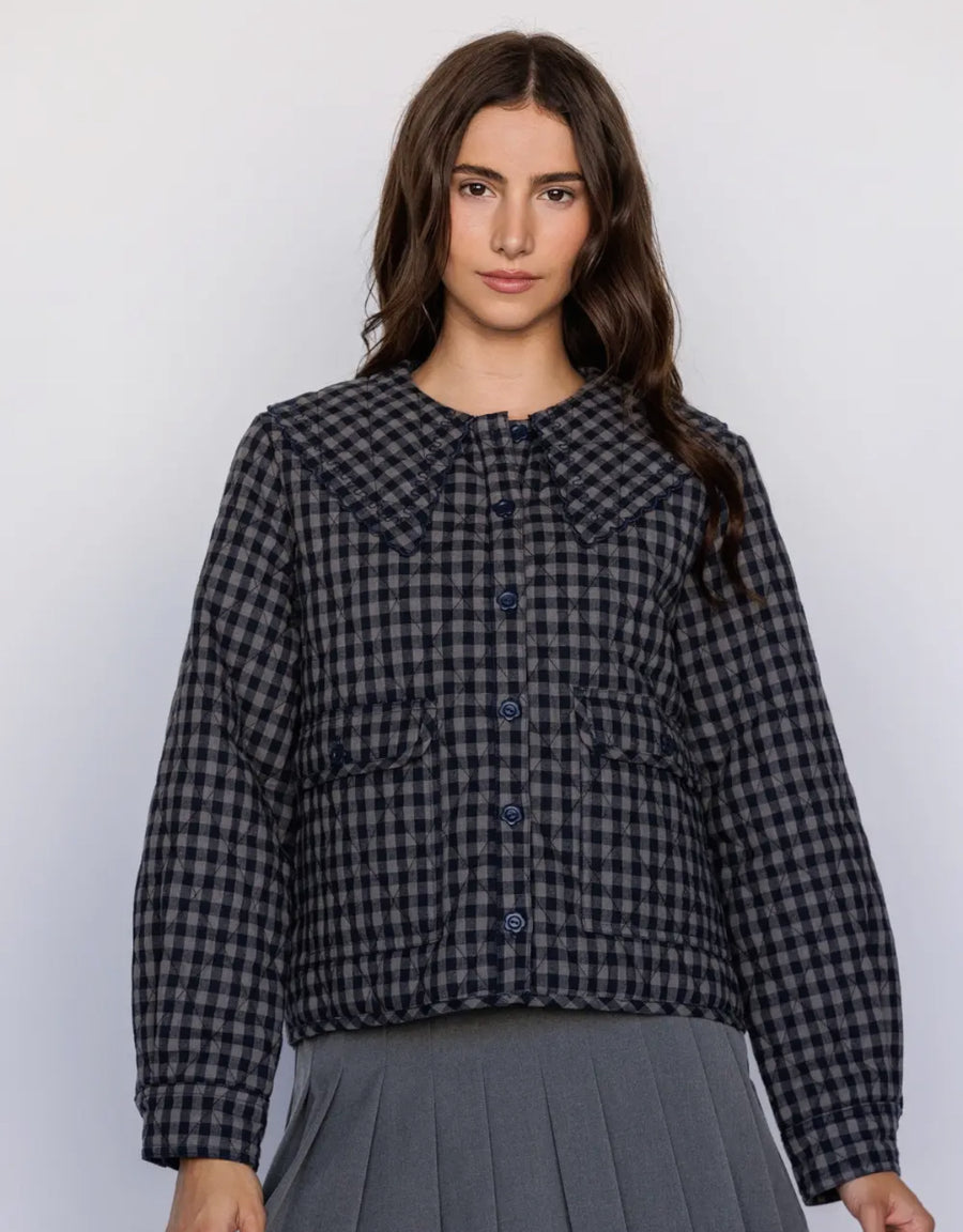 Cotton Quilted Gingham Jacket- Navy/Grey
