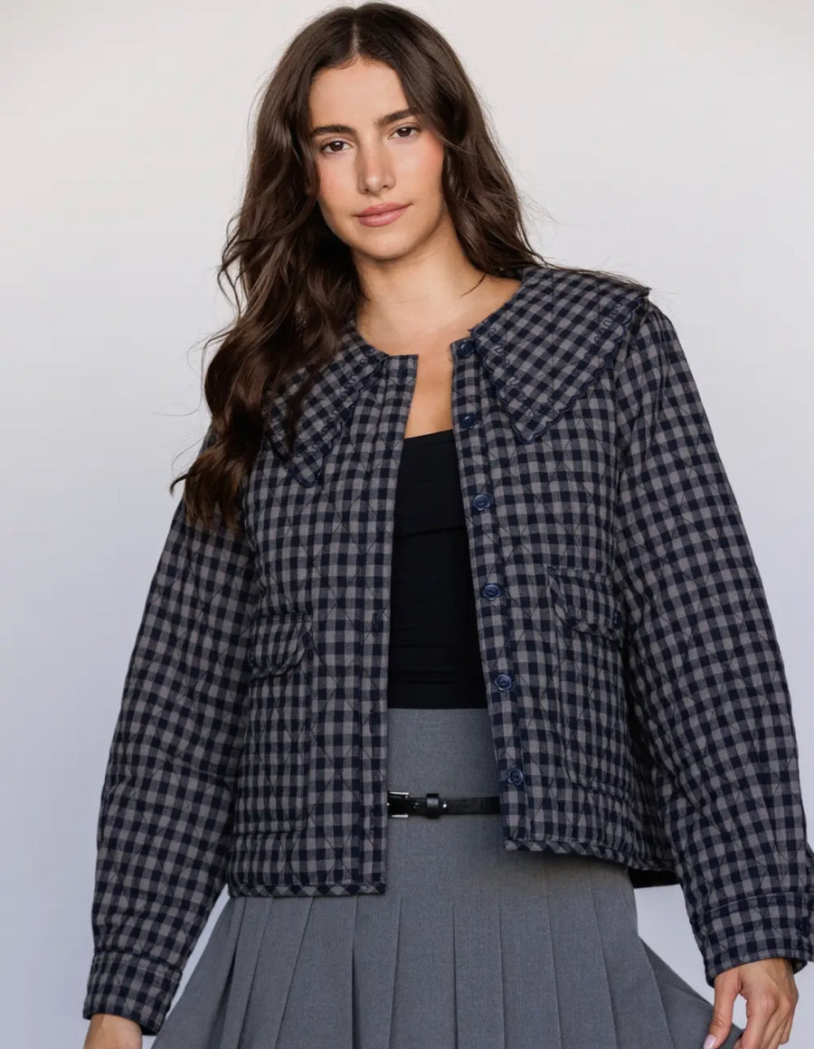Cotton Quilted Gingham Jacket- Navy/Grey