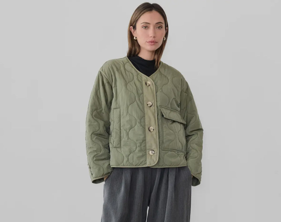 Quilted Button Jacket- Olive