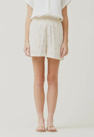 Floral Cotton Gauze Shorts- Ivory