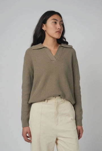 Textured Polo Sweater- Taupe